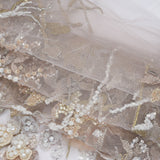 Embroidered and Beaded Tulle with 3D Satin Flowers - Taupe, Lemon and White Flowering Branches