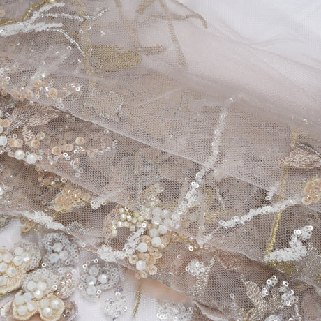 Embroidered and Beaded Tulle with 3D Satin Flowers - Taupe, Lemon and White Flowering Branches