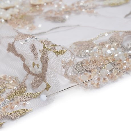 Embroidered and Beaded Tulle with 3D Satin Flowers - Taupe, Lemon and White Flowering Branches