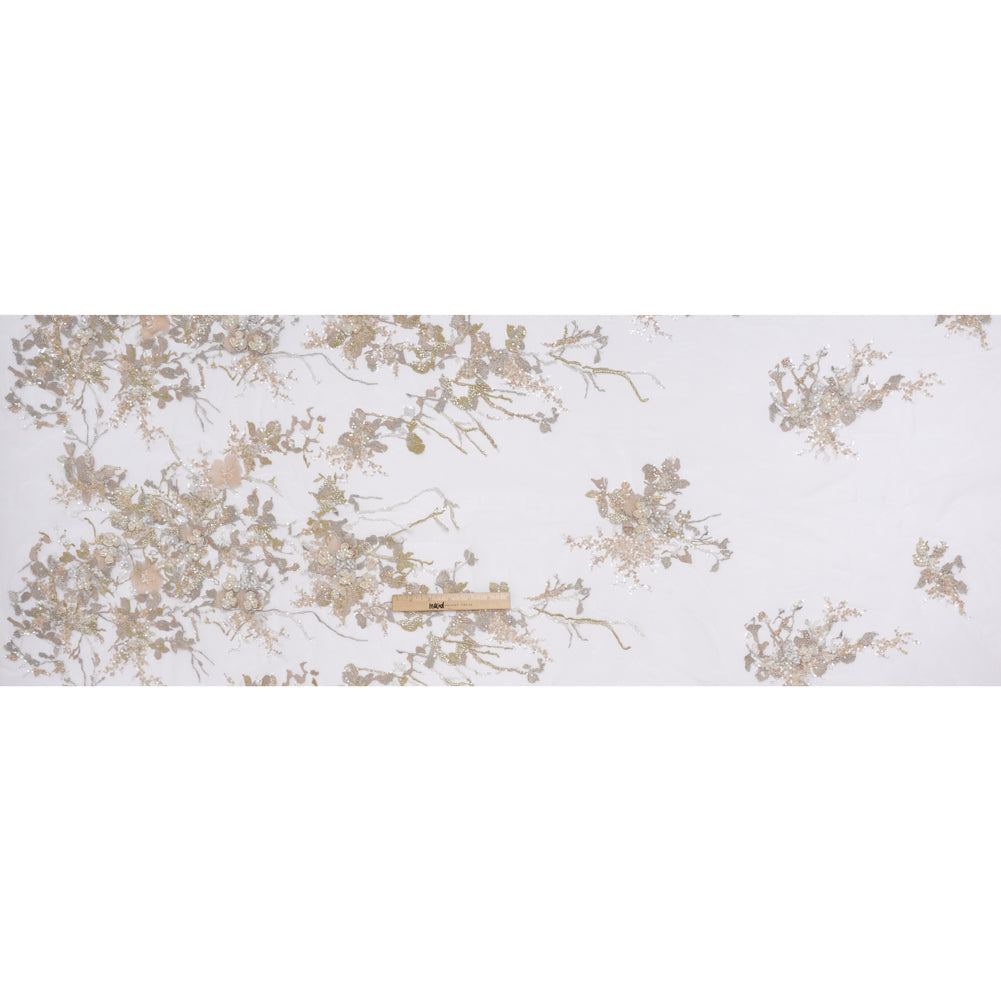 Embroidered and Beaded Tulle with 3D Satin Flowers - Taupe, Lemon and White Flowering Branches