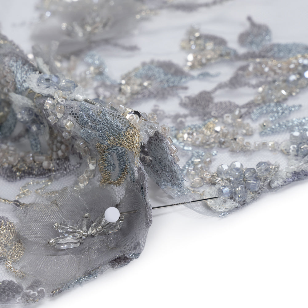 Embroidered and Beaded Tulle with 3D Satin Flowers - Light Blue, Lilac, and Gold Flowering Branches