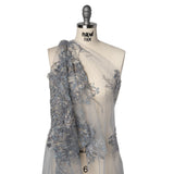 Embroidered and Beaded Tulle with 3D Satin Flowers - Light Blue, Lilac, and Gold Flowering Branches