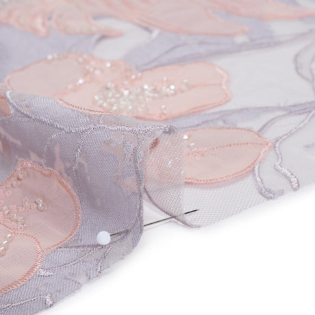 Beaded and Embroidered Tulle with Burnout Fabric Appliques - Mauve, Lilac, and Baby Pink Tropical Garden