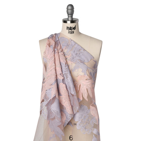 Beaded and Embroidered Tulle with Burnout Fabric Appliques - Mauve, Lilac, and Baby Pink Tropical Garden