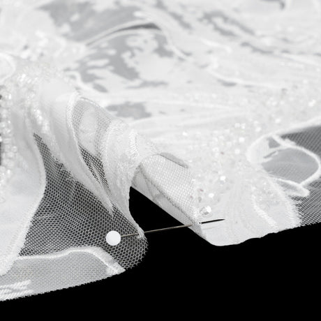 Beaded and Embroidered Tulle with Burnout Fabric Appliques - Off White Tropical Garden