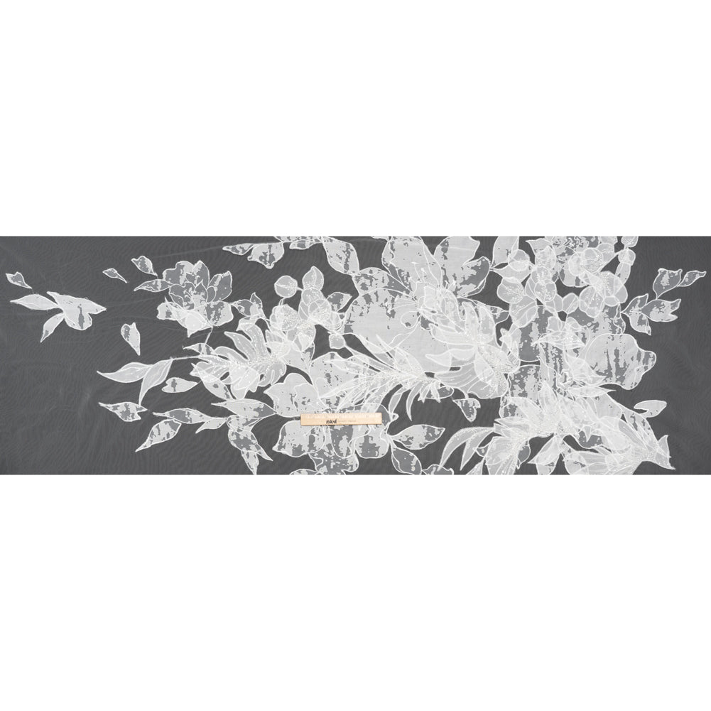 Beaded and Embroidered Tulle with Burnout Fabric Appliques - Off White Tropical Garden