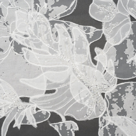 Beaded and Embroidered Tulle with Burnout Fabric Appliques - Off White Tropical Garden
