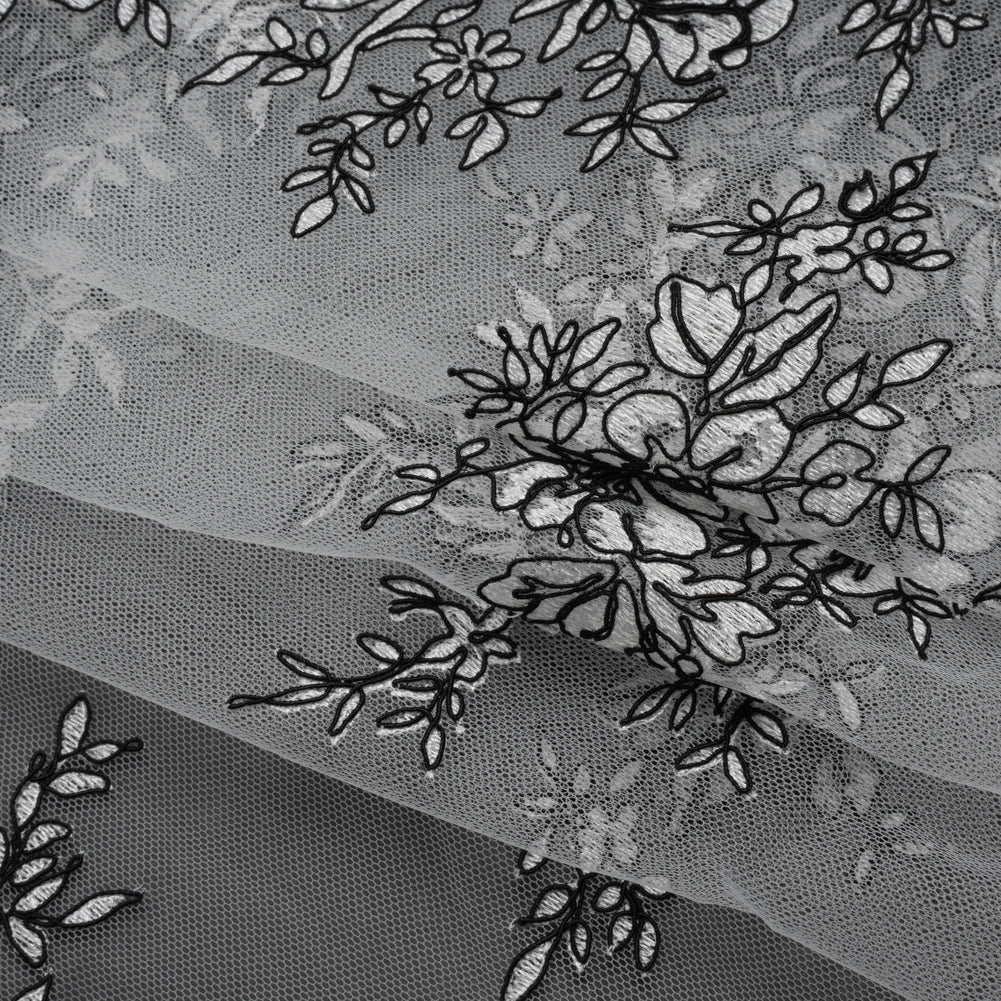 Corded Embroidered Tulle Lace with Scalloped Borders - Black and White Floral