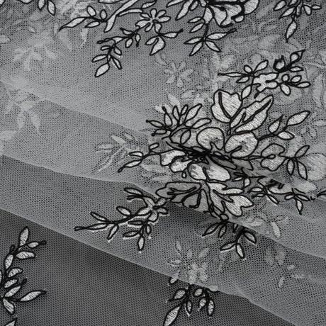 Corded Embroidered Tulle Lace with Scalloped Borders - Black and White Floral