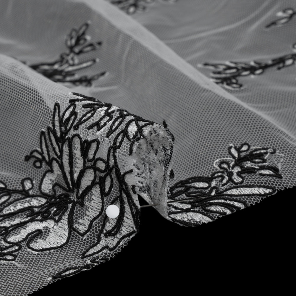 Corded Embroidered Tulle Lace with Scalloped Borders - Black and White Floral
