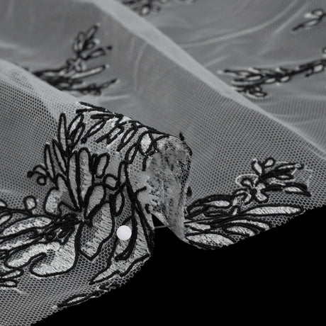 Corded Embroidered Tulle Lace with Scalloped Borders - Black and White Floral