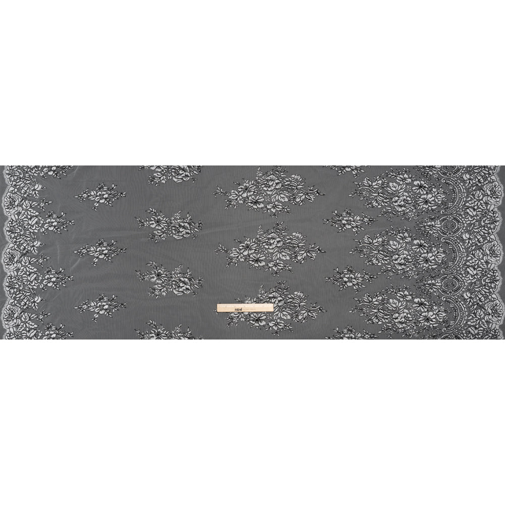Corded Embroidered Tulle Lace with Scalloped Borders - Black and White Floral
