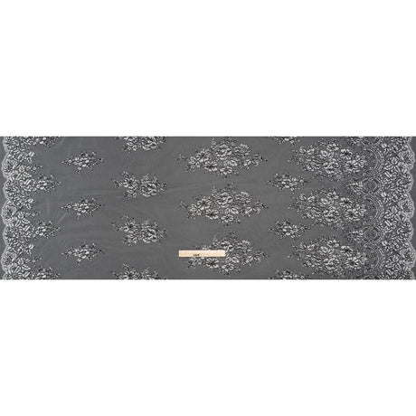 Corded Embroidered Tulle Lace with Scalloped Borders - Black and White Floral