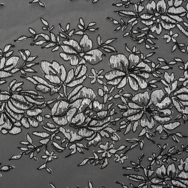 Corded Embroidered Tulle Lace with Scalloped Borders - Black and White Floral