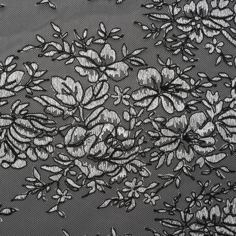 Corded Embroidered Tulle Lace with Scalloped Borders - Black and White Floral