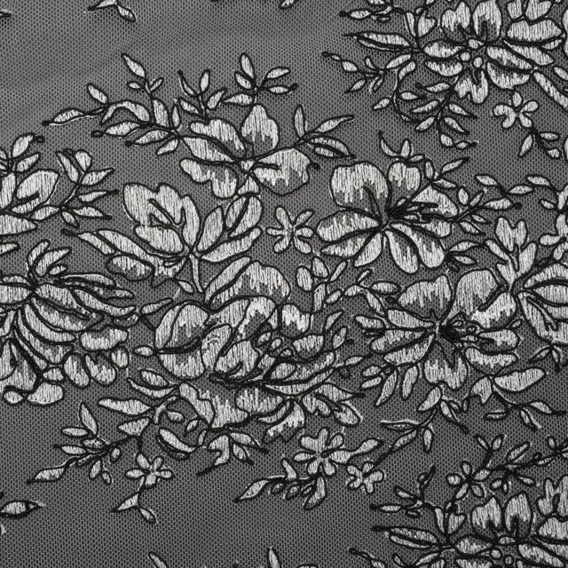 Corded Embroidered Tulle Lace with Scalloped Borders - Black and White Floral