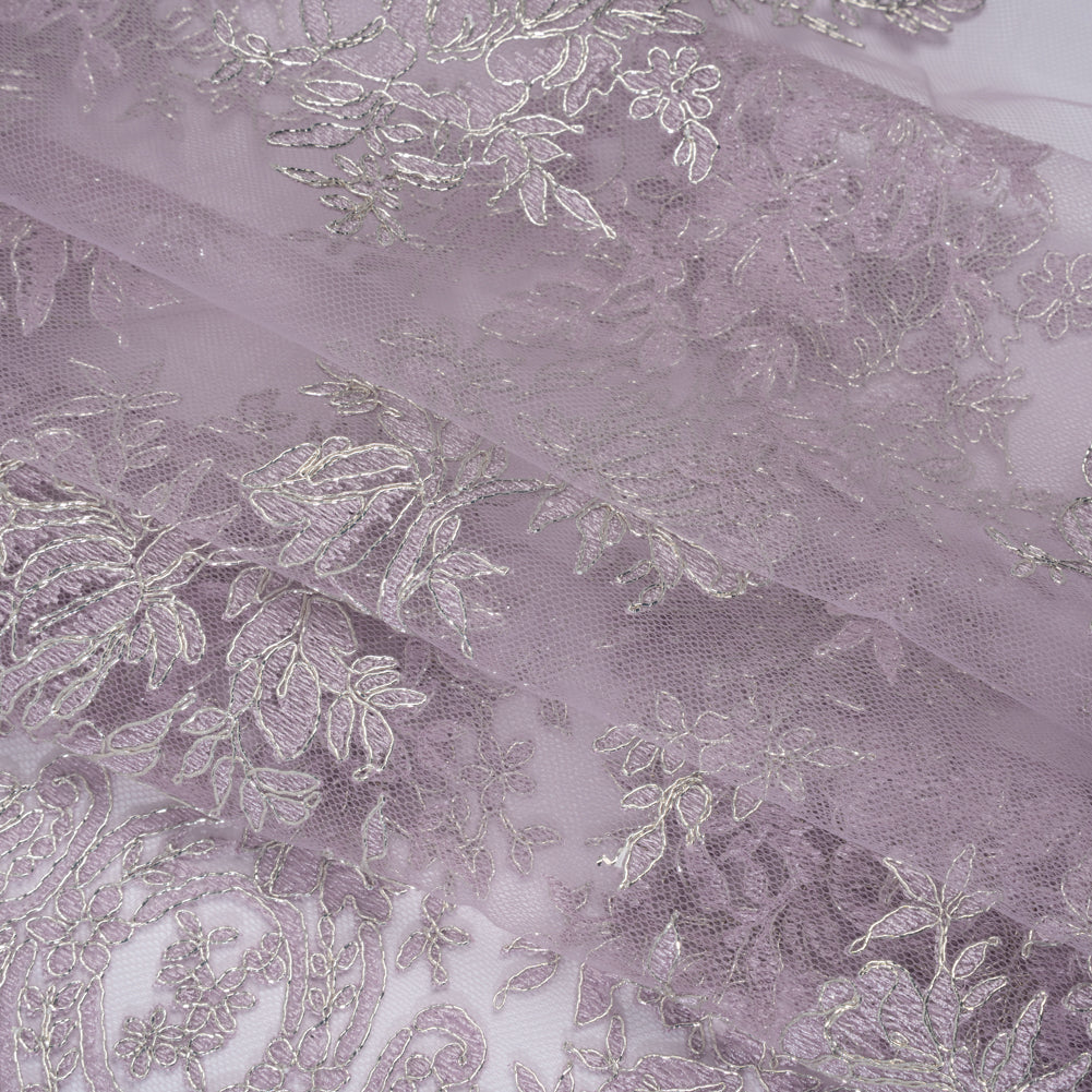 Corded Embroidered Tulle Lace with Scalloped Borders - Lilac and Silver Floral