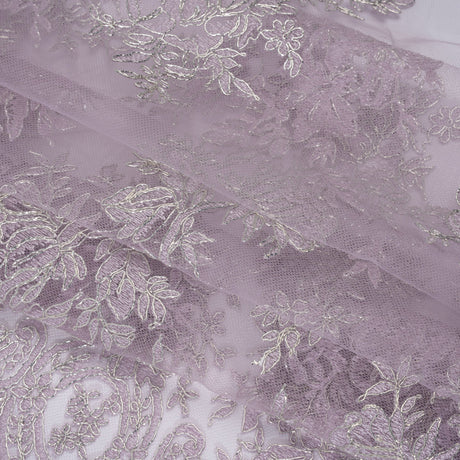 Corded Embroidered Tulle Lace with Scalloped Borders - Lilac and Silver Floral