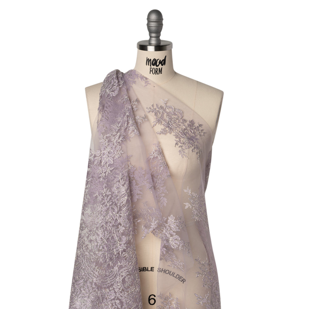 Corded Embroidered Tulle Lace with Scalloped Borders - Lilac and Silver Floral