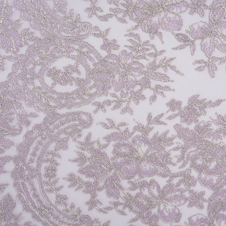 Corded Embroidered Tulle Lace with Scalloped Borders - Lilac and Silver Floral