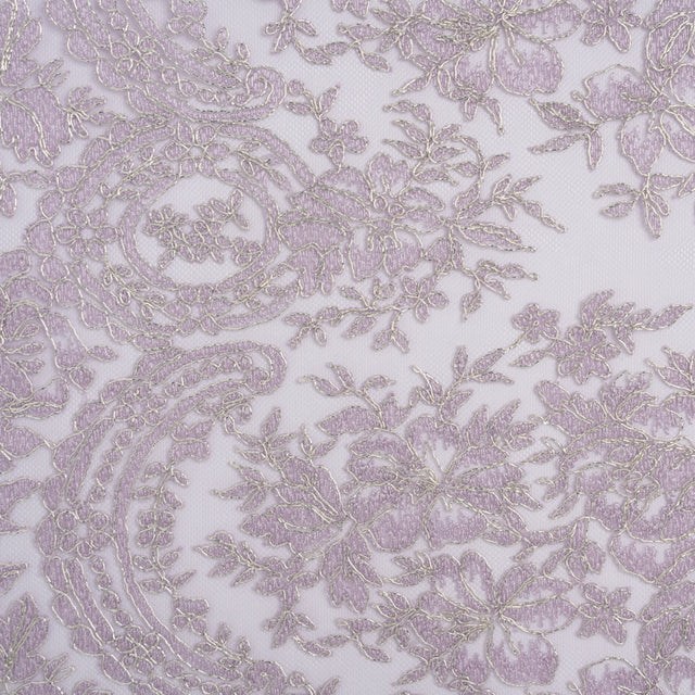 Corded Embroidered Tulle Lace with Scalloped Borders - Lilac and Silver Floral