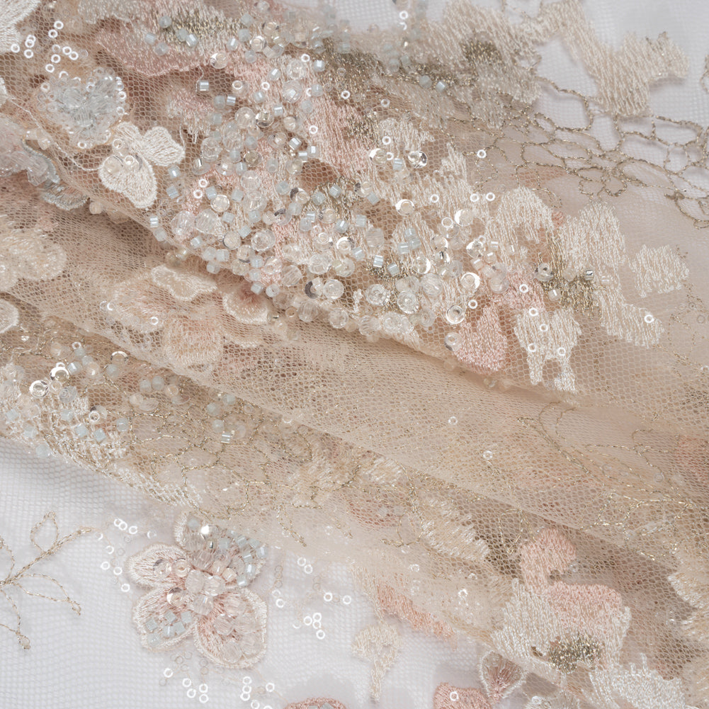Beaded and Embroidered Tulle with 3D Fabric Flowers - Beige, Pink and White Blossoms
