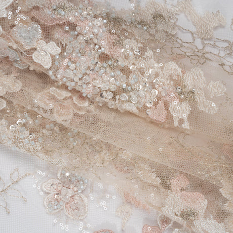 Beaded and Embroidered Tulle with 3D Fabric Flowers - Beige, Pink and White Blossoms