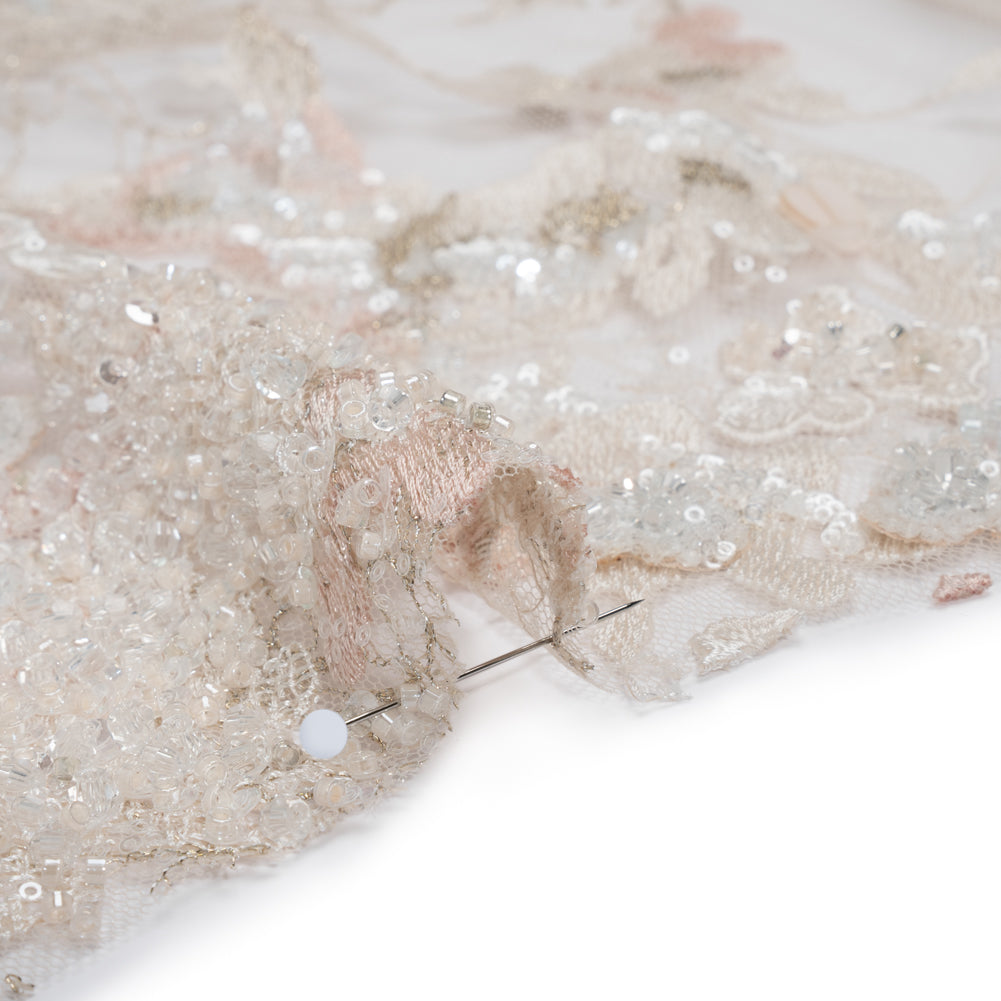Beaded and Embroidered Tulle with 3D Fabric Flowers - Beige, Pink and White Blossoms