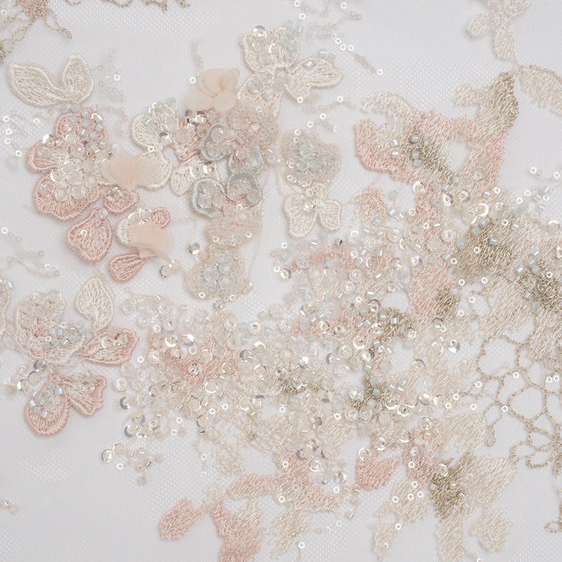 Beaded and Embroidered Tulle with 3D Fabric Flowers - Beige, Pink and White Blossoms