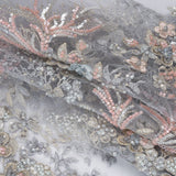 Beaded and Embroidered Tulle with 3D Appliques - Light Blue, Pink and Gold Fanciful Floral Sprays