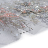 Beaded and Embroidered Tulle with 3D Appliques - Light Blue, Pink and Gold Fanciful Floral Sprays