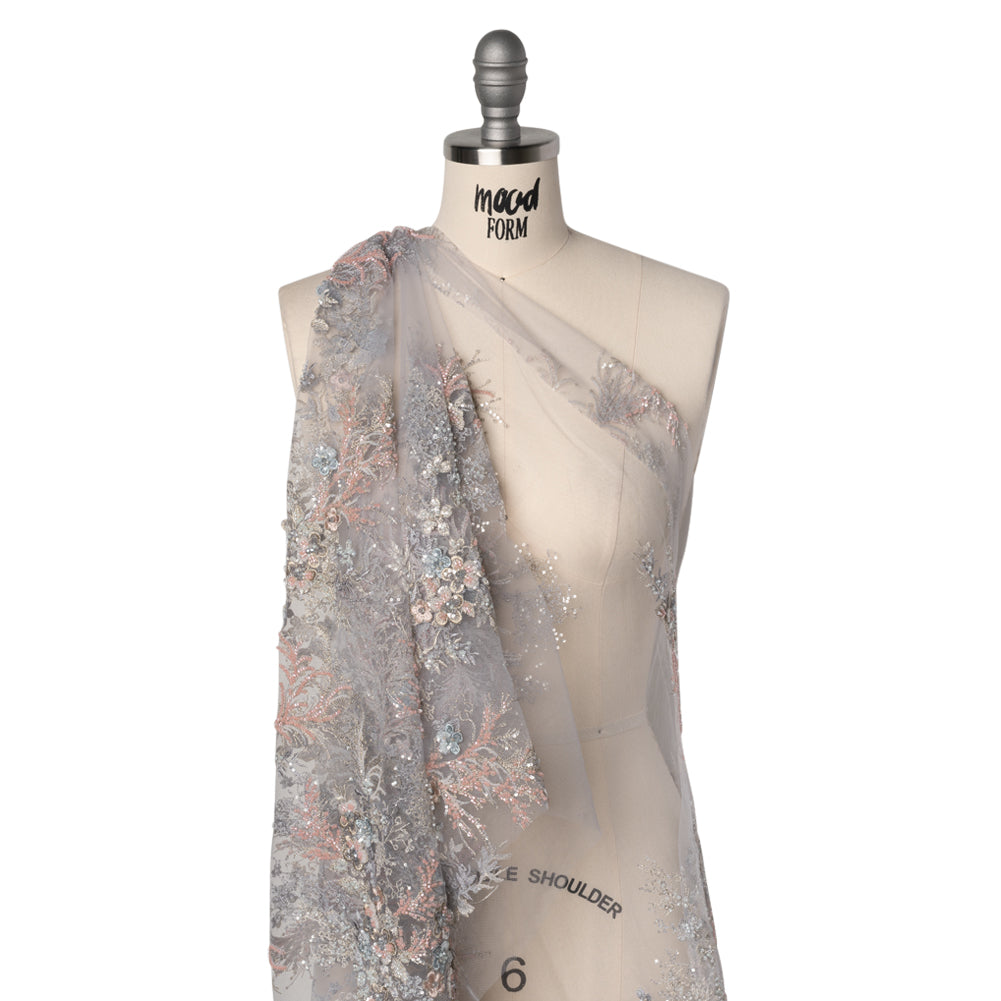 Beaded and Embroidered Tulle with 3D Appliques - Light Blue, Pink and Gold Fanciful Floral Sprays