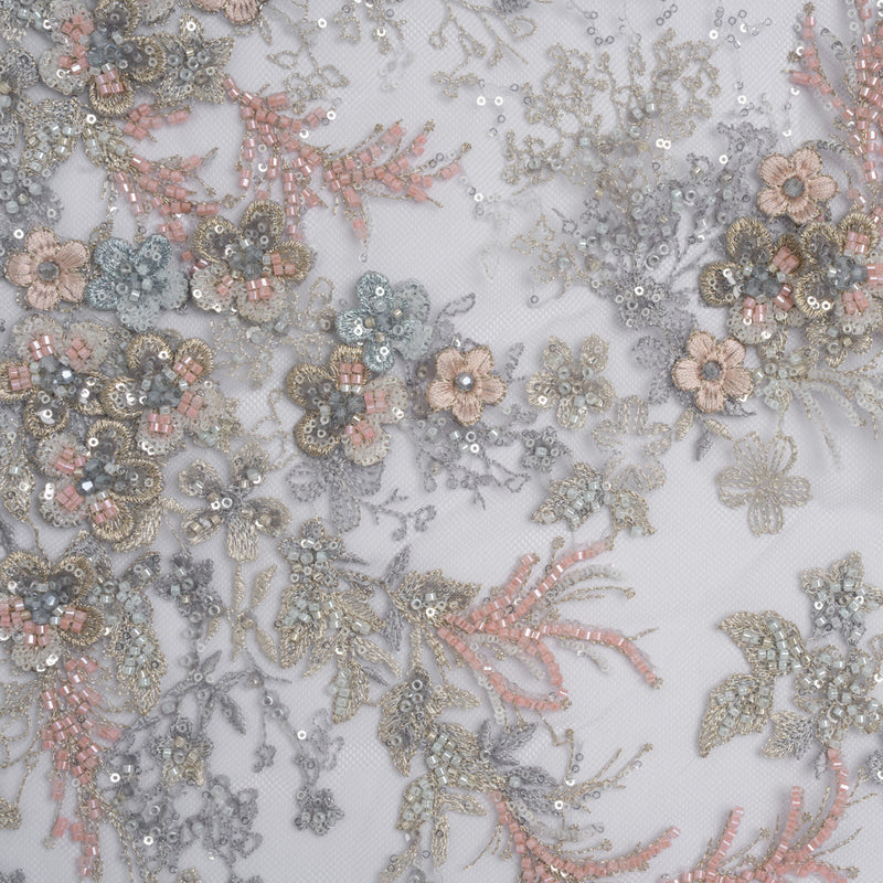 Beaded and Embroidered Tulle with 3D Appliques - Light Blue, Pink and Gold Fanciful Floral Sprays