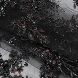 Beaded and Embroidered Tulle with 3D Appliques - Black and Bronze Fanciful Floral Sprays