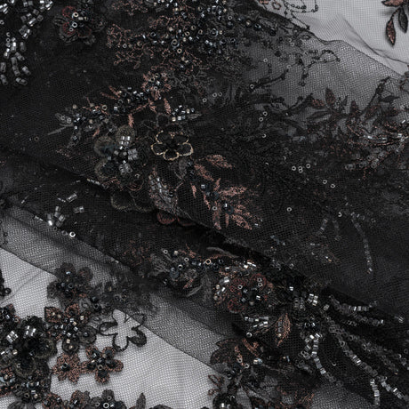 Beaded and Embroidered Tulle with 3D Appliques - Black and Bronze Fanciful Floral Sprays