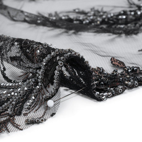 Beaded and Embroidered Tulle with 3D Appliques - Black and Bronze Fanciful Floral Sprays