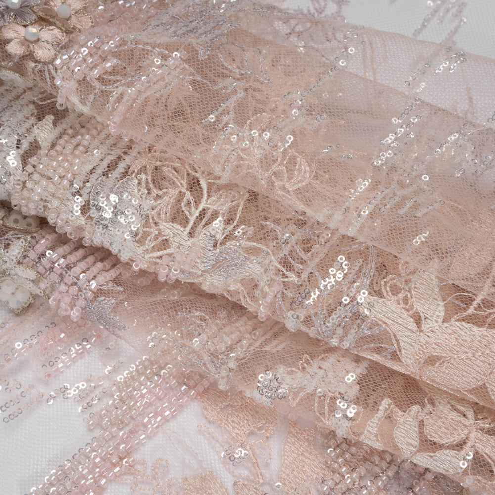 Beaded and Embroidered Tulle with 3D Appliques - Beige and Pink Floral Reflections