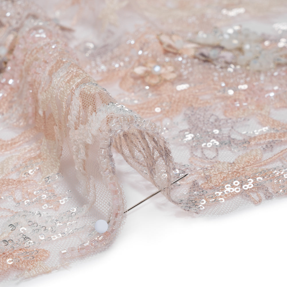 Beaded and Embroidered Tulle with 3D Appliques - Beige and Pink Floral Reflections