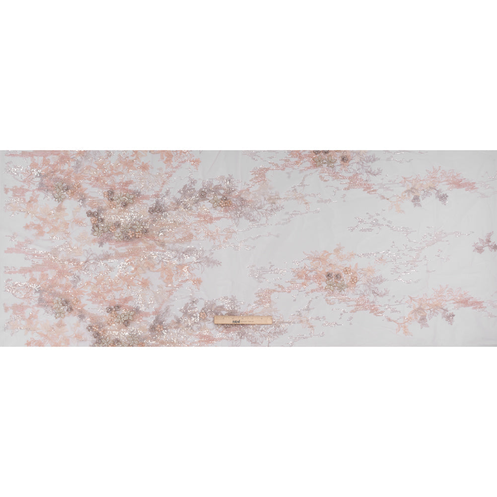 Beaded and Embroidered Tulle with 3D Appliques - Beige and Pink Floral Reflections