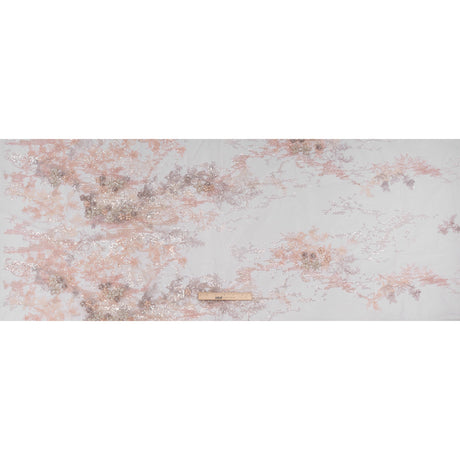Beaded and Embroidered Tulle with 3D Appliques - Beige and Pink Floral Reflections