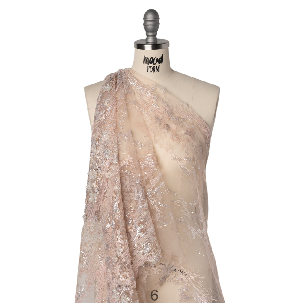 Beaded and Embroidered Tulle with 3D Appliques - Beige and Pink Floral Reflections