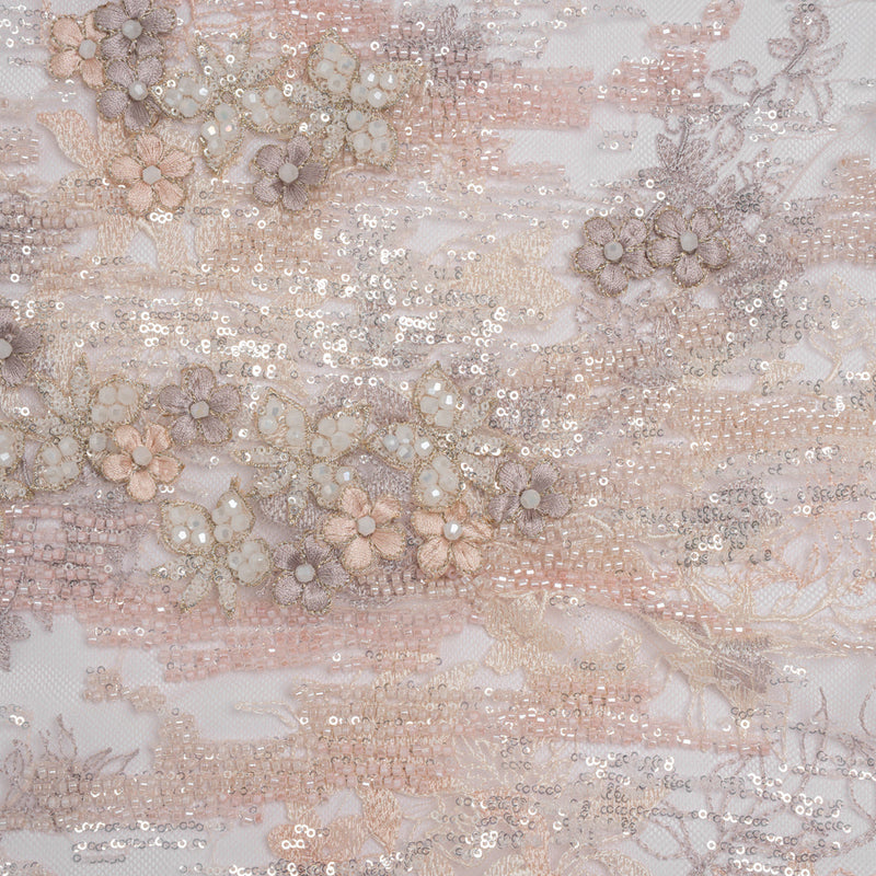 Beaded and Embroidered Tulle with 3D Appliques - Beige and Pink Floral Reflections