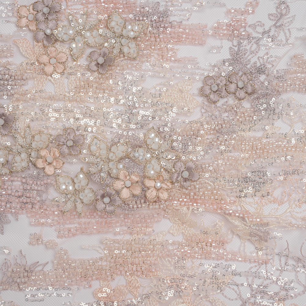 Beaded and Embroidered Tulle with 3D Appliques - Beige and Pink Floral Reflections