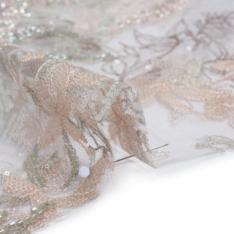 Beaded and Embroidered Tulle with 3D Appliques - Light Gray and Pink Floral Reflections