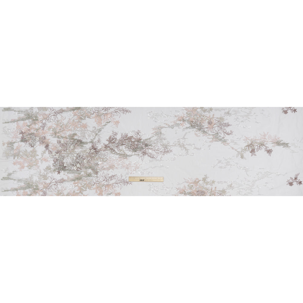 Beaded and Embroidered Tulle with 3D Appliques - Light Gray and Pink Floral Reflections