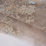 Embroidered and Beaded Tulle with 3D Ribbon Flowers and Finished Edge - Taupe, Beige and Gray Fancy Flower