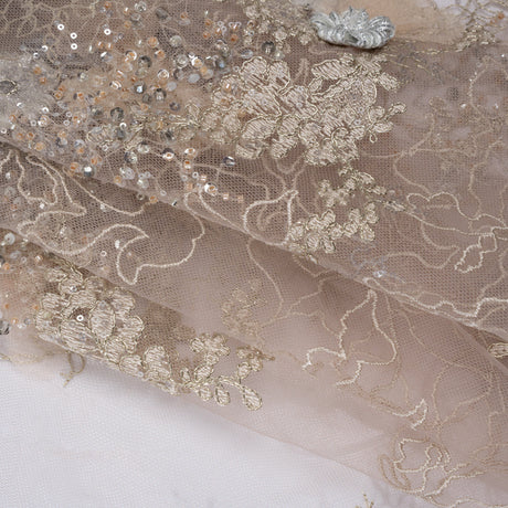 Embroidered and Beaded Tulle with 3D Ribbon Flowers and Finished Edge - Taupe, Beige and Gray Fancy Flower