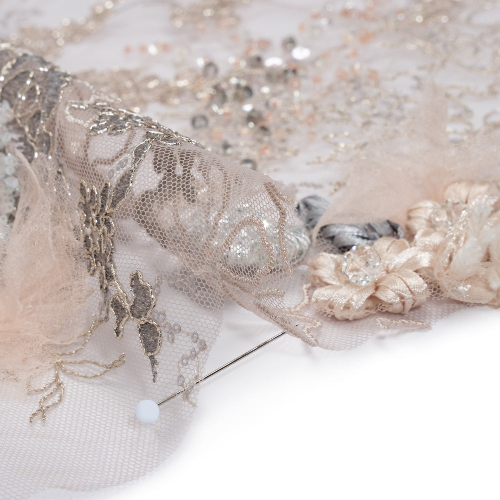 Embroidered and Beaded Tulle with 3D Ribbon Flowers and Finished Edge - Taupe, Beige and Gray Fancy Flower
