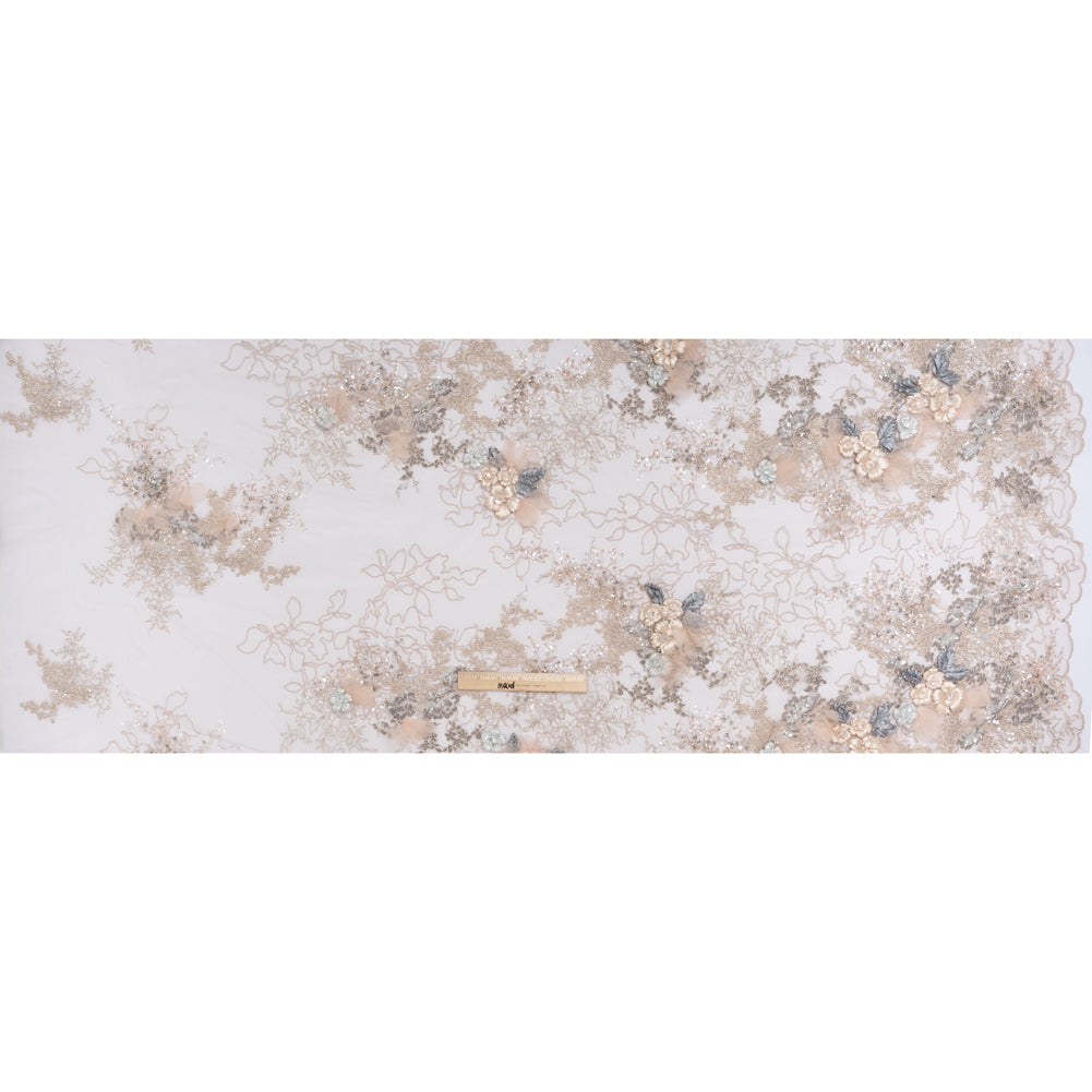 Embroidered and Beaded Tulle with 3D Ribbon Flowers and Finished Edge - Taupe, Beige and Gray Fancy Flower