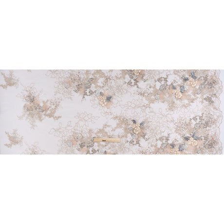 Embroidered and Beaded Tulle with 3D Ribbon Flowers and Finished Edge - Taupe, Beige and Gray Fancy Flower